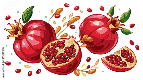 A close-up Flying fresh pomegranates with seeds on lilac background . Very beautiful white background