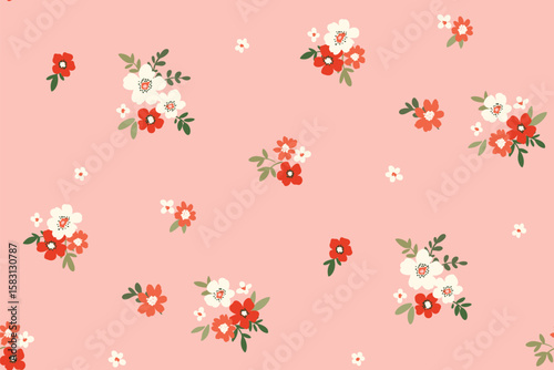 Seamless floral pattern, liberty ditsy print of mini pretty flowers on pink. Cute botanical design in country motif, small hand drawn buds, tiny leaves, simple romantic bouquets. Vector illustration.
