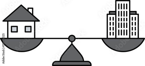 A simple illustration depicting the balance between residential and commercial structures.