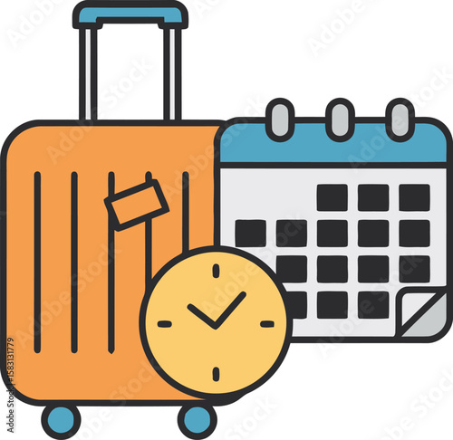 Travel planning, suitcase, calendar and clock, showing time management for trips.