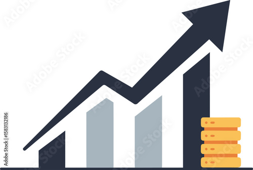 A graphic representation of increasing financial growth, showing a rising trend line and stacked coins.