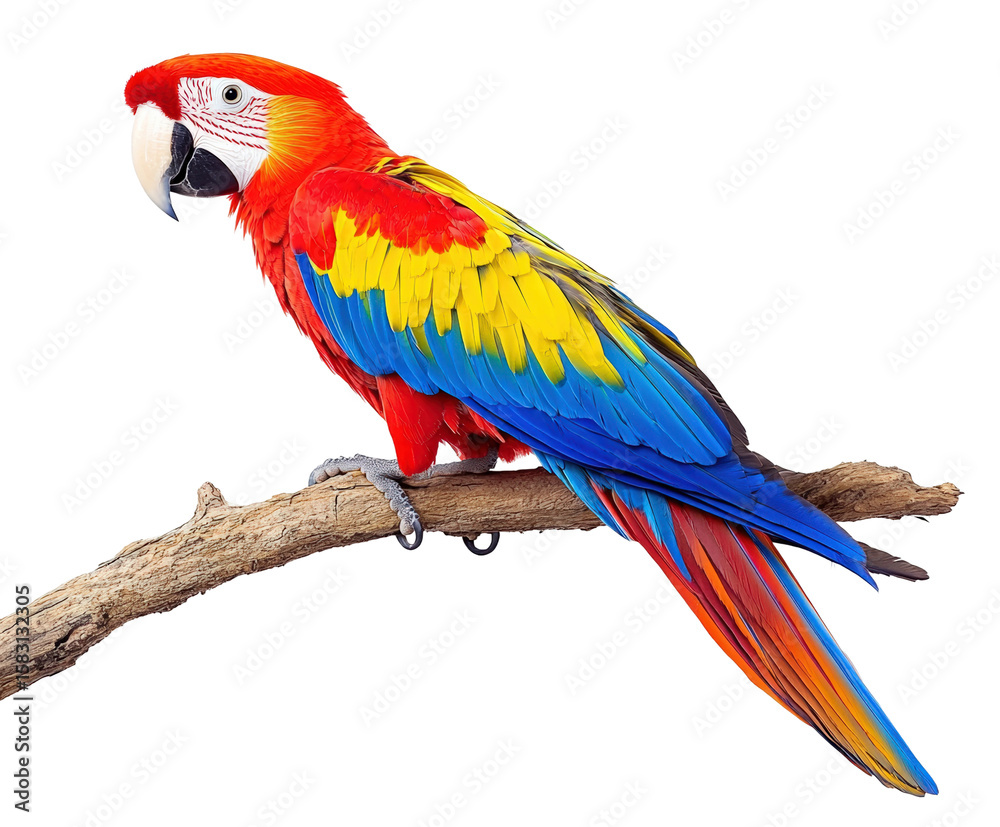 Obraz premium Tropical forest portrait of a colorful scarlet macaw parrot. Isolated on transparent background, png.