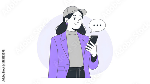 Woman in purple jacket and baseball cap texting on smartphone mobile phone communication