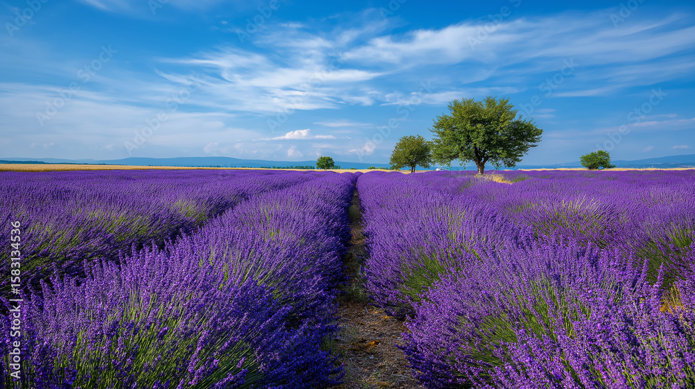 Obraz premium Lavender Field in Full Bloom Under Clear Blue Sky no blur, clear view, real look, nature
