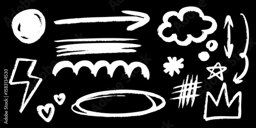 Bold white doodles with grunge texture on black background — arrows, shapes, hearts, symbols. Perfect for contrast designs and edgy visual accents
