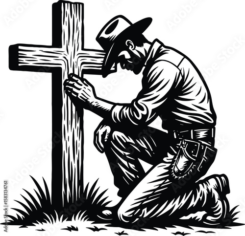 Cowboy kneeling at cross vector black silhouette print design