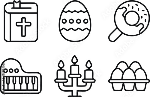 Multithemed Icon Set – Vector Illustration of Six Black and White Symbols Including Bible, Easter Egg, Donut, Keyboard, Candelabrum, and Egg Carton