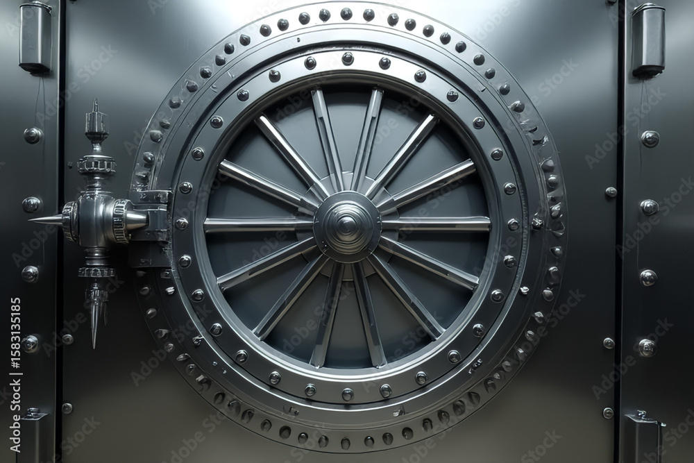 Fototapeta premium Massive Circular Steel Bank Vault Door with Central Locking Wheel