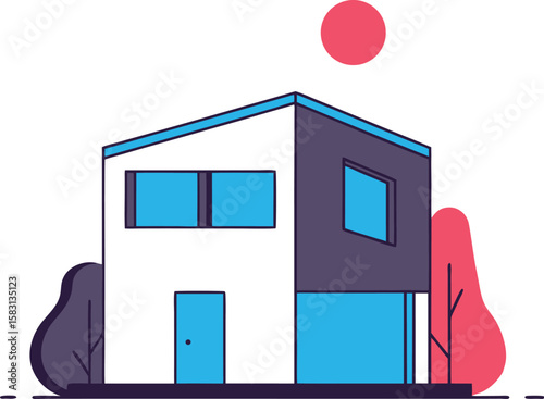 Modern flat design house with blue windows and red sun
