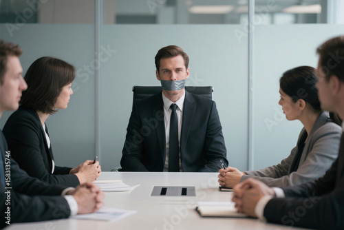 Businessman silenced with duct tape in a boardroom meeting, symbolizing corporate censorship, lack of voice, and suppressed dissent in the workplace. Concept of control and conformity.