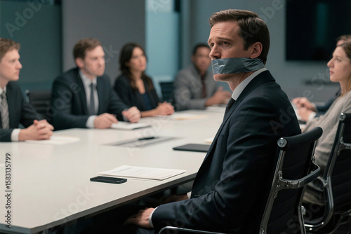 Businessman silenced with duct tape in a boardroom meeting, symbolizing corporate censorship, lack of voice, and suppressed dissent in the workplace. Concept of control and conformity.