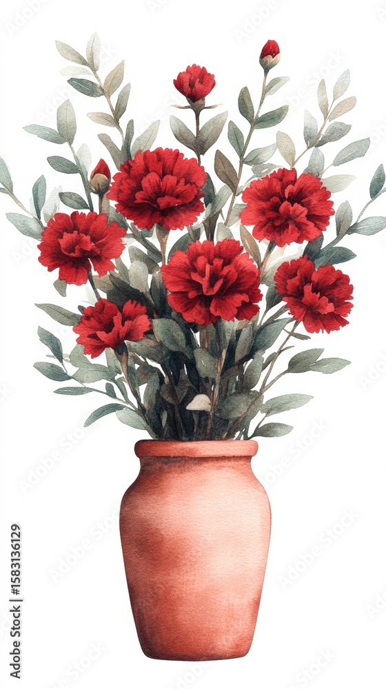Obraz premium A vibrant bouquet of red flowers in a clay pot, suitable for home decor, greeting cards, or floral-themed projects, Its artistic style adds elegance to any design context,