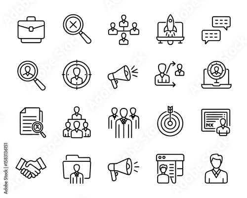 Recruitment Vector Icon Set - HR, Hiring, Resume, Candidate, Interview, Career, Job, Employee, Talent, Team, Selection, Search - Adjustable Line Weight