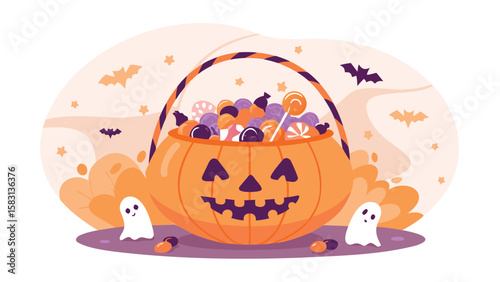 A halloween pumpkin basket filled with candy surrounded by bats and ghosts on a light background