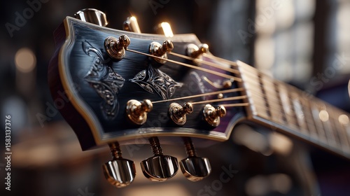 Artistic close-up of an elegant acoustic guitar headstock with golden hardware
