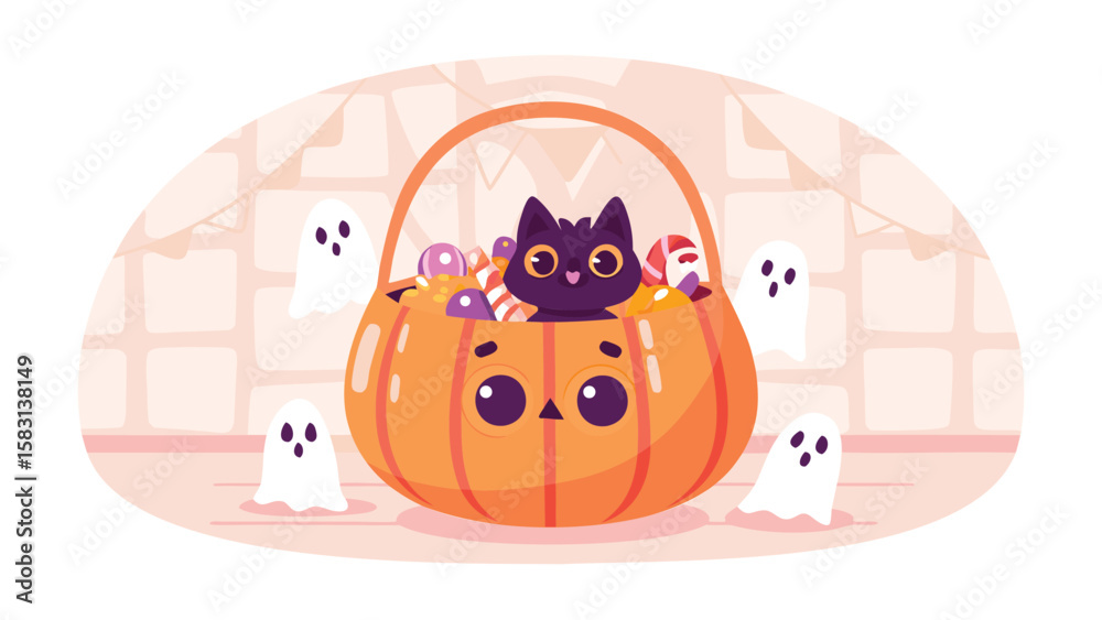 Fototapeta premium A halloween scene with a black cat in a pumpkin basket surrounded by floating cartoon ghosts near window