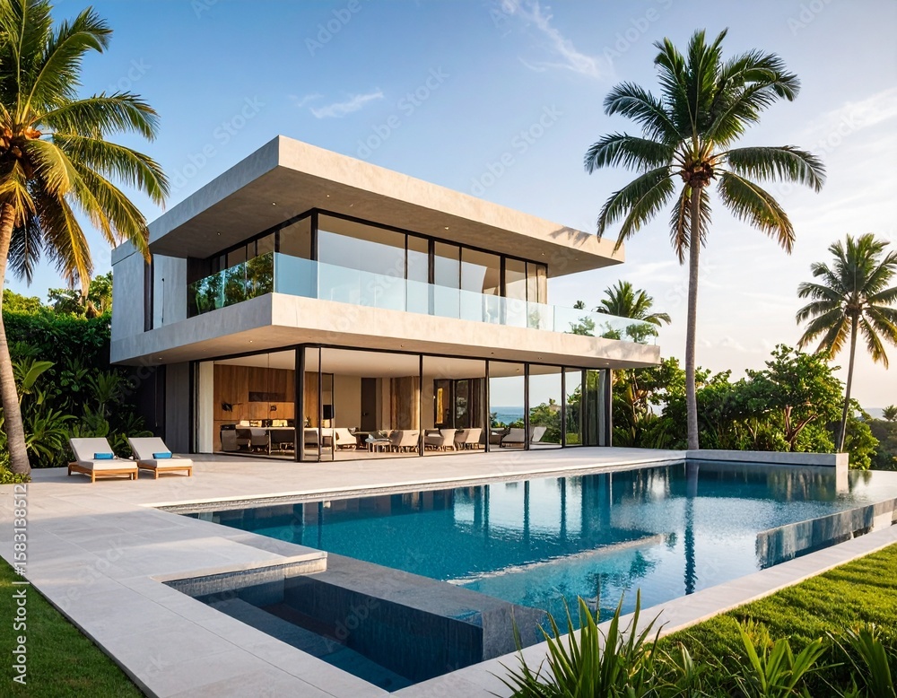 Fototapeta premium Modern Luxury Villa Exterior with Infinity Pool, Palm Trees, and Full-Height Glass Windows in Daylight