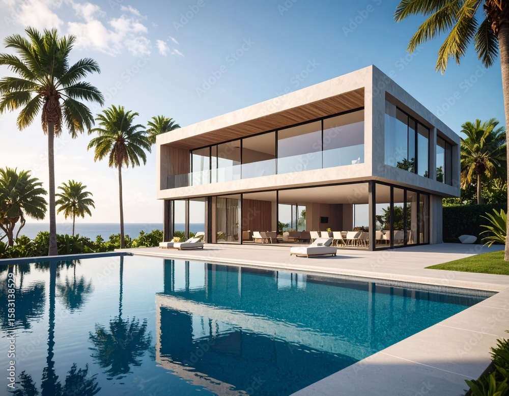 Fototapeta premium Modern Luxury Villa Exterior with Infinity Pool, Palm Trees, and Full-Height Glass Windows in Daylight