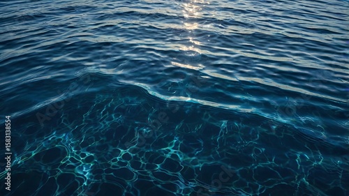 Top view of deep blue ocean surface, abstract light refractions, gentle ripples