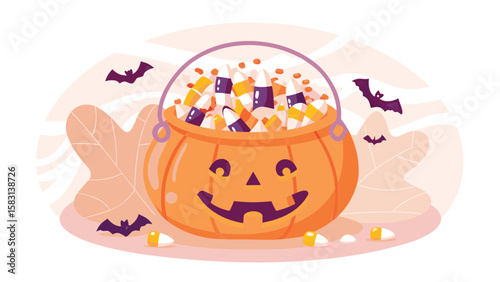 Pumpkin candy bucket filled with candy corn and small candies with bats flying around it art