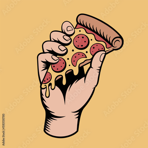 Hand fist holding pizza slice illustration