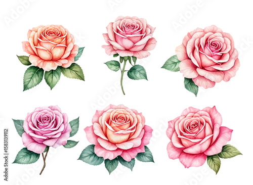 Set of roses with leaves. Flower Vector illustration