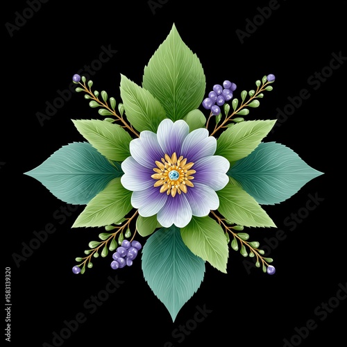 Vibrant flower arrangement with leafy accents.