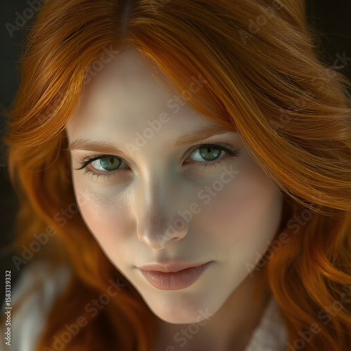 Natural beauty portrait of a smiling redhead woman with green eyes, Generated AI