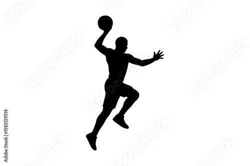 Black Silhouette of a Basketball Player Jumping for a Dunk on White Background