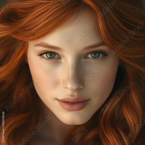 Natural beauty portrait of a smiling redhead woman with green eyes, Generated AI