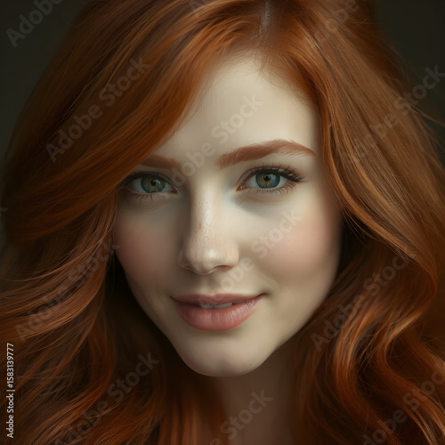 Serene woman with long red hair and a gentle smile, natural lighting, Generative AI