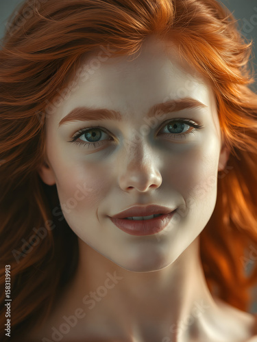 Glowing portrait of a woman with auburn hair and a soft smile, Generative AI