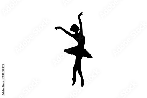 Black Silhouette of a Graceful Ballerina Dancing on Tiptoes on White Background