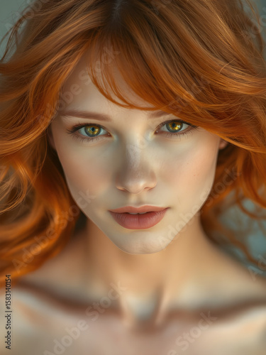 Elegant redhead model with long wavy hair and a friendly smile, Generative AI