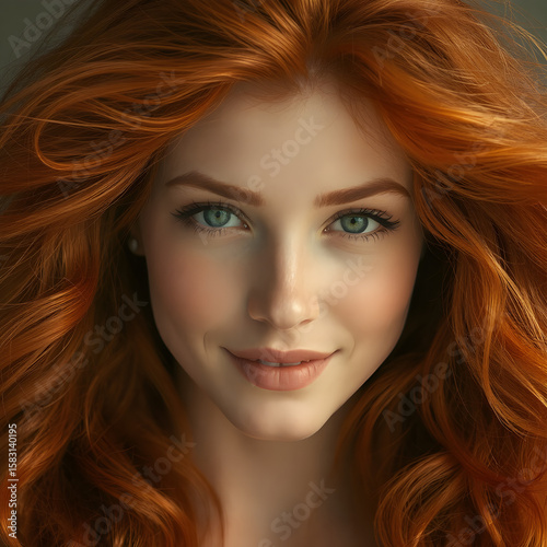 Cheerful young woman with ginger hair and a gentle smile, closeup, Generative AI