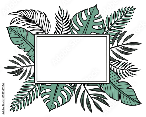 Botanical frame illustration featuring lush tropical foliage bordering a blank white rectangular space.