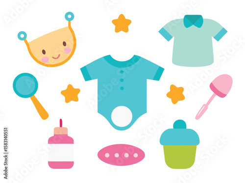 Adorable collection of baby essentials and accessories isolated on a white background for design use. Baby care icons.