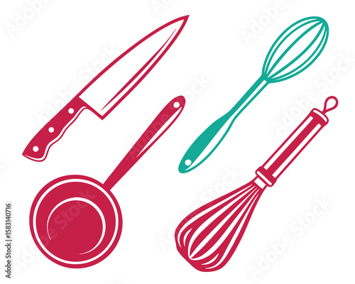 Vector illustration of various kitchen utensils including a knife whisk and ladle over white.