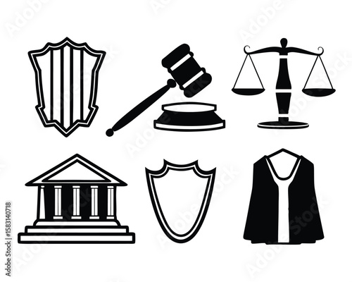 Set of legal and justice black and white vector icons on white background. law, legal, justice, court, gavel, scales of justice.