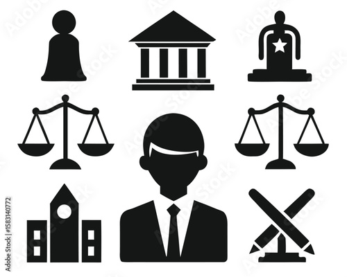 Silhouetted icons representing law justice court lawyer and legal related professions.