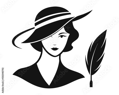 Elegant silhouette woman in hat with feather vector illustration suitable for logo and design projects.