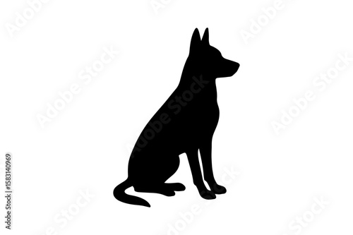 Black Silhouette of a Sitting Dog with Upright Ears on White Background