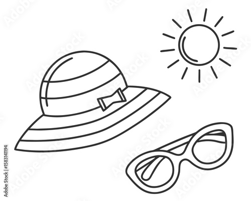 Summer holiday icon set featuring a sun hat sunglass and a shining sun element.