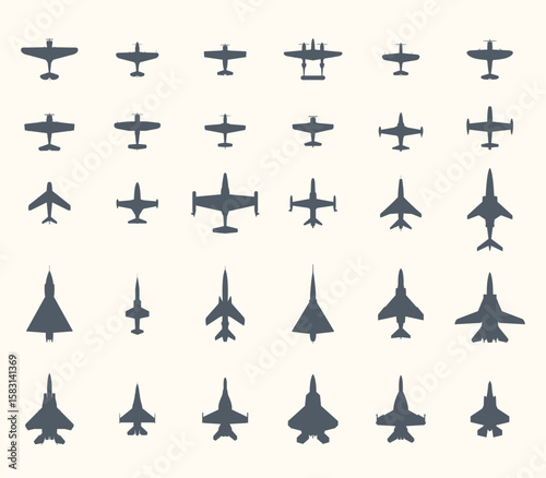 Top view silhouettes of historic and modern military aircraft in black on white background.