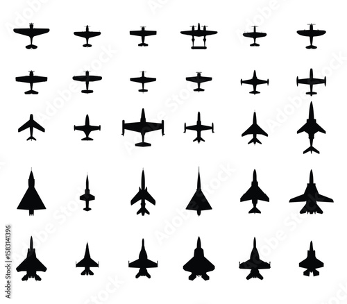 White silhouettes of warplanes on blue background, showing fighter aircraft evolution.