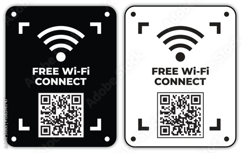 Free Wi-Fi and Scan Code Icon Set – Wireless Connection, Technology, Mobile App, Business, and Service Vector Stickers and Signs for Cafes, Hotels, and Cyberspace