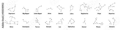 Star constellation vector set. Isolated constellations of stars with names. Stars in night sky.