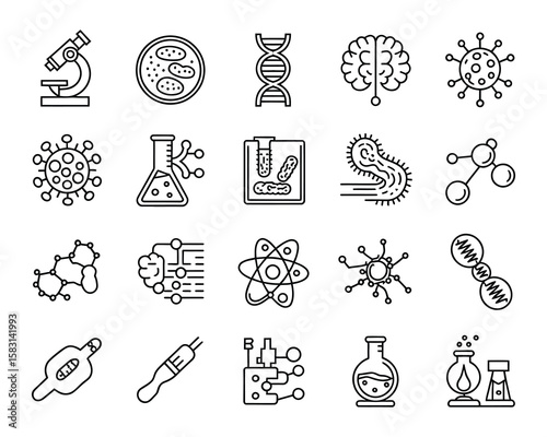 Science and Biology Vector Icon Set – DNA, Bacteria, Virus, Microscope, Test Tube, Molecules, Cell, Flask, Neuron, Lab Tools – Editable Line Style