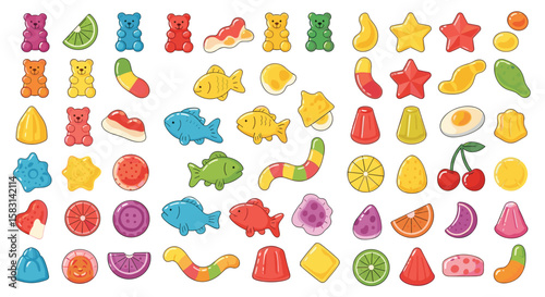 Collection of colorful gummy candies and sweets in various shapes and flavors