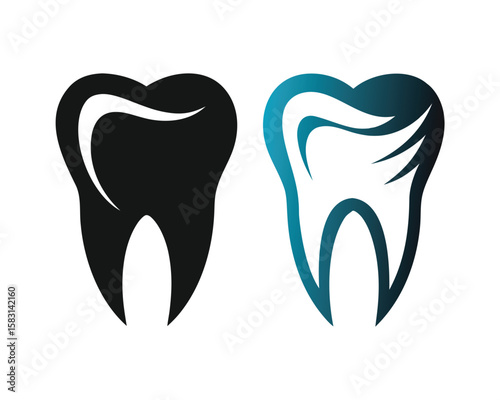 Two dental tooth icons in black and blue gradients illustrating oral health and care.